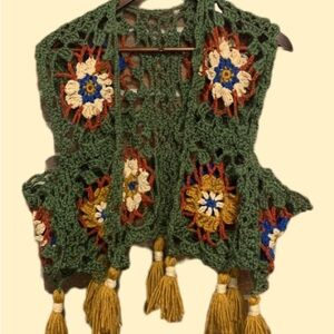 Handmade Green Crochet Vest with Floral Motifs and Tassels